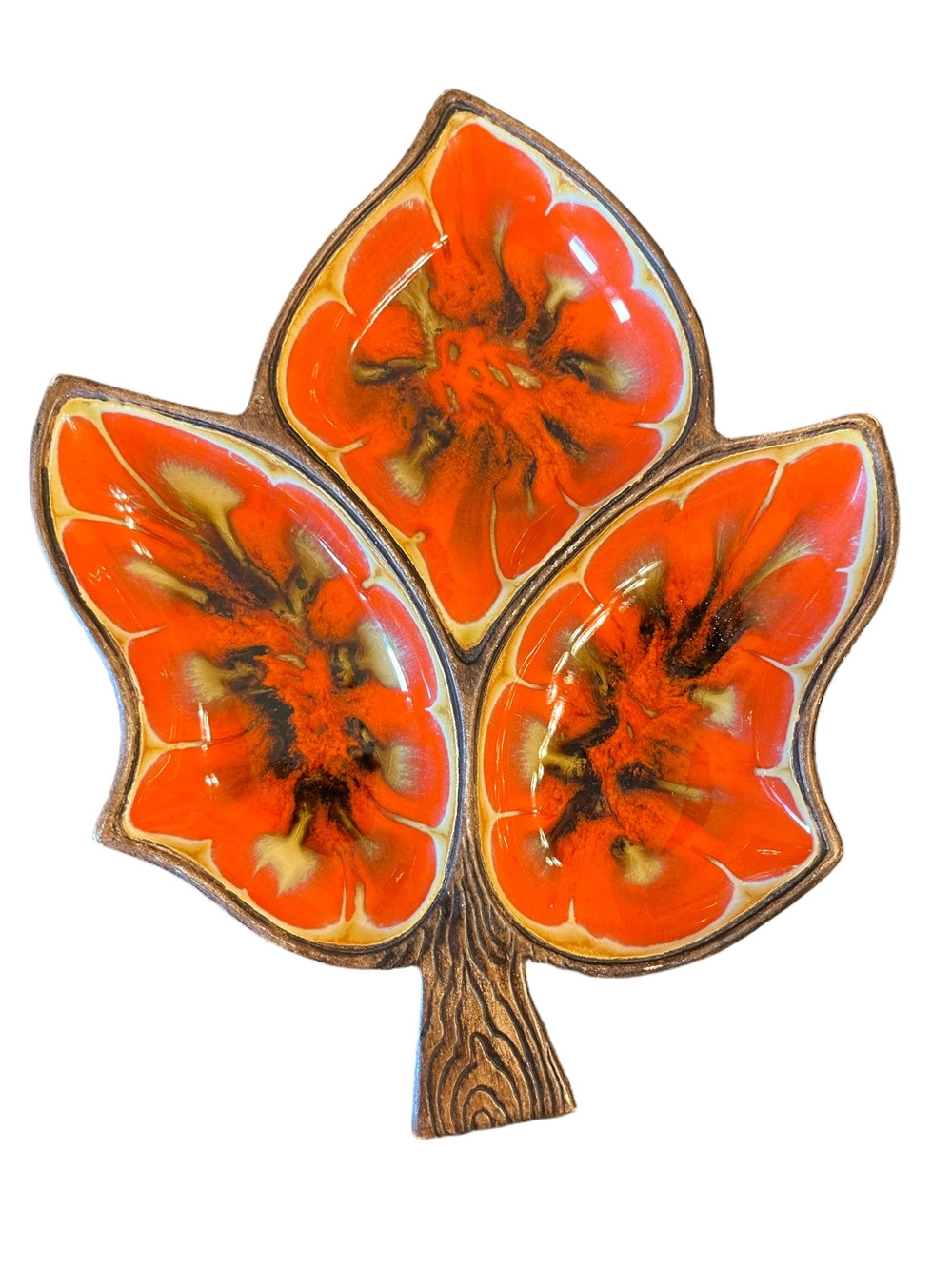 Vintage Treasure Craft of Hawaii 377 Divided Leaf Dish Orange Lava Glaze MCM